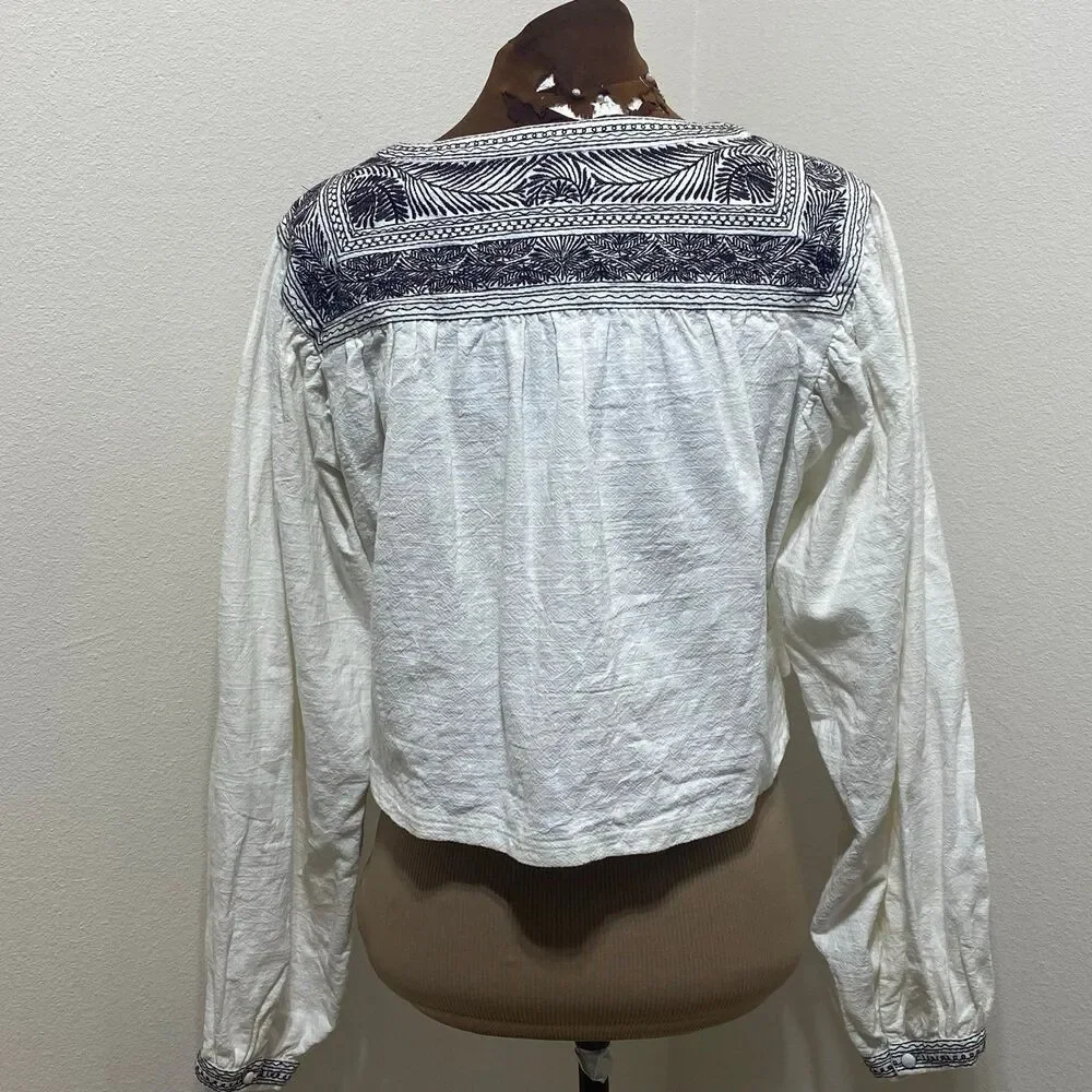 Free People Iggie Embroidered Cropped Blouse Ivory/ Black Bean Size Extra Small